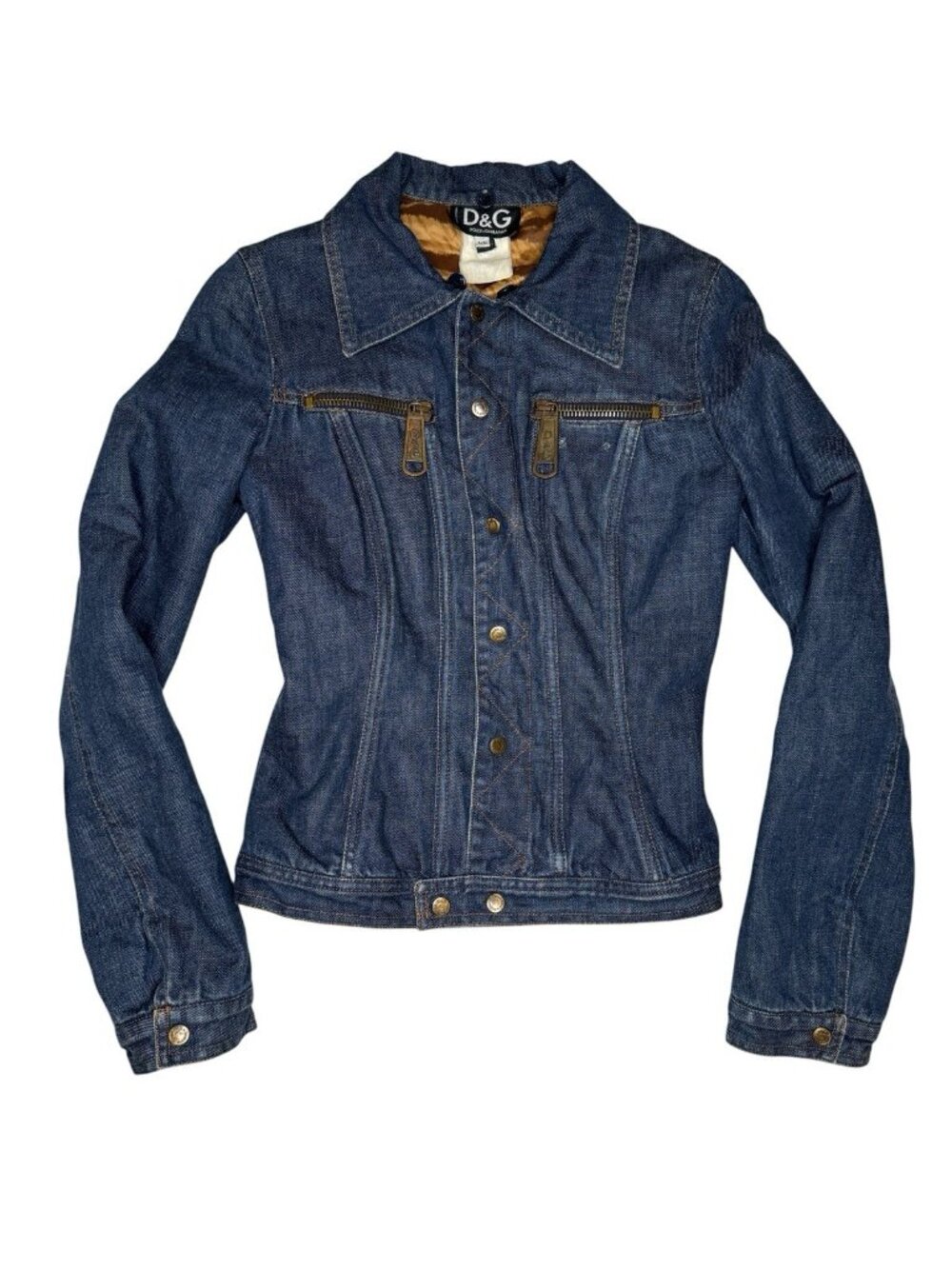 D&G Dolce & Gabbana XS Vintage Y2K Denim Jacket Tiger Stripe Lining Zip Pockets - Picture 1 of 11